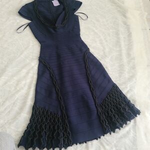 Herve Leger Navy and Black Ribbed Midi Dress
